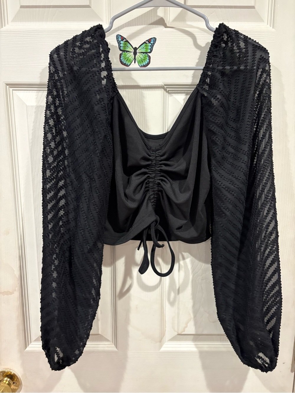 SHEIN Black Ruched Front Crop Top with Sheer Textured Balloon Sleeves